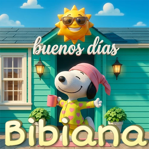 Escena de Snoopy en pijama con taza de café frente a casa turquesa, sol brillante con gafas, nombre abajo en tono crema. Nombre personalizado: Bibiana.