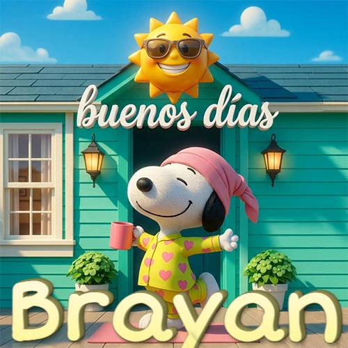 Escena de Snoopy en pijama con taza de café frente a casa turquesa, sol brillante con gafas, nombre abajo en tono crema. Nombre personalizado: Brayan.