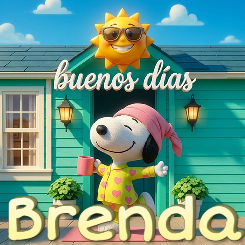 Escena de Snoopy en pijama con taza de café frente a casa turquesa, sol brillante con gafas, nombre abajo en tono crema. Nombre personalizado: Brenda.