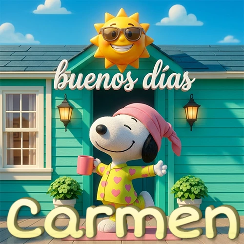 Escena de Snoopy en pijama con taza de café frente a casa turquesa, sol brillante con gafas, nombre abajo en tono crema. Nombre personalizado: Carmen.