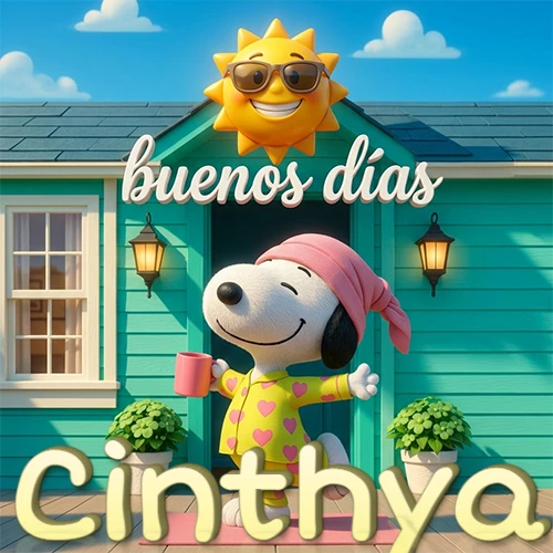 Escena de Snoopy en pijama con taza de café frente a casa turquesa, sol brillante con gafas, nombre abajo en tono crema. Nombre personalizado: Cinthya. Escena de Snoopy en pijama con taza de café frente a casa turquesa, sol brillante con gafas, nombre abajo en tono crema. Nombre personalizado: Cinthya.