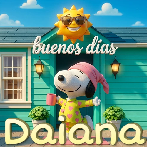 Escena de Snoopy en pijama con taza de café frente a casa turquesa, sol brillante con gafas, nombre abajo en tono crema. Nombre personalizado: Daiana. Escena de Snoopy en pijama con taza de café frente a casa turquesa, sol brillante con gafas, nombre abajo en tono crema. Nombre personalizado: Daiana.