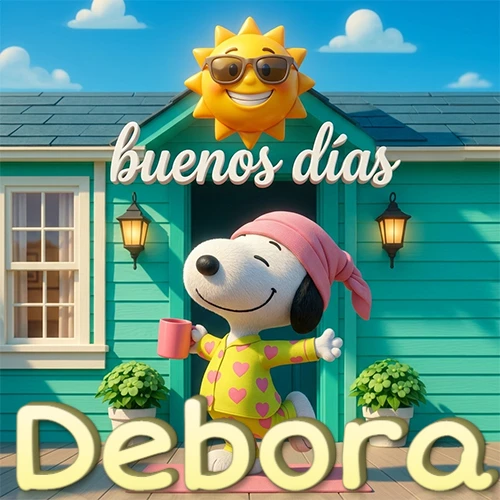 Escena de Snoopy en pijama con taza de café frente a casa turquesa, sol brillante con gafas, nombre abajo en tono crema. Nombre personalizado: Debora. Escena de Snoopy en pijama con taza de café frente a casa turquesa, sol brillante con gafas, nombre abajo en tono crema. Nombre personalizado: Debora.