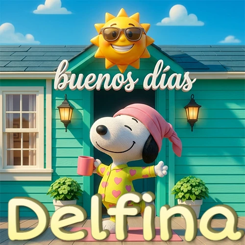 Escena de Snoopy en pijama con taza de café frente a casa turquesa, sol brillante con gafas, nombre abajo en tono crema. Nombre personalizado: Delfina. Escena de Snoopy en pijama con taza de café frente a casa turquesa, sol brillante con gafas, nombre abajo en tono crema. Nombre personalizado: Delfina.