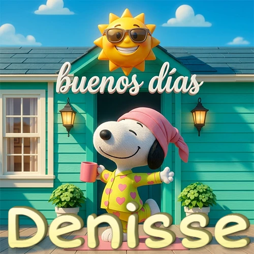 Escena de Snoopy en pijama con taza de café frente a casa turquesa, sol brillante con gafas, nombre abajo en tono crema. Nombre personalizado: Denisse. Escena de Snoopy en pijama con taza de café frente a casa turquesa, sol brillante con gafas, nombre abajo en tono crema. Nombre personalizado: Denisse.