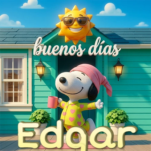 Escena de Snoopy en pijama con taza de café frente a casa turquesa, sol brillante con gafas, nombre abajo en tono crema. Nombre personalizado: Edgar. Escena de Snoopy en pijama con taza de café frente a casa turquesa, sol brillante con gafas, nombre abajo en tono crema. Nombre personalizado: Edgar.
