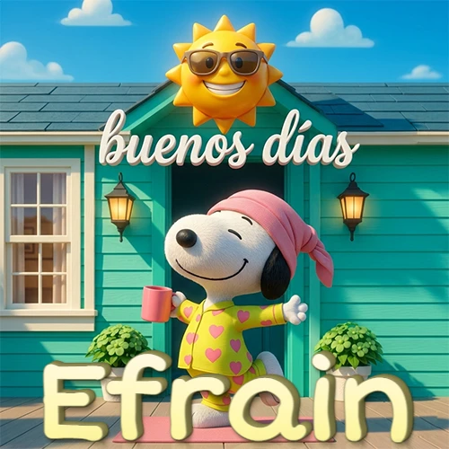 Escena de Snoopy en pijama con taza de café frente a casa turquesa, sol brillante con gafas, nombre abajo en tono crema. Nombre personalizado: Efrain. Escena de Snoopy en pijama con taza de café frente a casa turquesa, sol brillante con gafas, nombre abajo en tono crema. Nombre personalizado: Efrain.