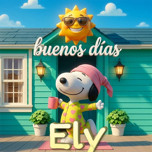 Escena de Snoopy en pijama con taza de café frente a casa turquesa, sol brillante con gafas, nombre abajo en tono crema. Nombre personalizado: Ely. Escena de Snoopy en pijama con taza de café frente a casa turquesa, sol brillante con gafas, nombre abajo en tono crema. Nombre personalizado: Ely.