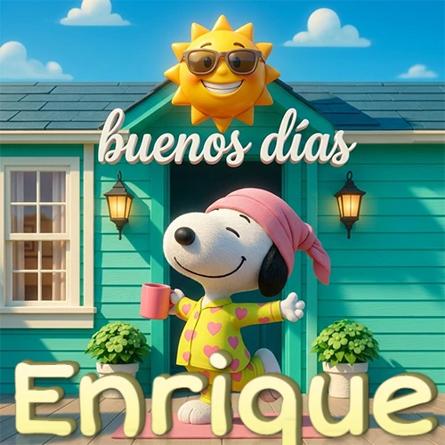 Escena de Snoopy en pijama con taza de café frente a casa turquesa, sol brillante con gafas, nombre abajo en tono crema. Nombre personalizado: Enrique. Escena de Snoopy en pijama con taza de café frente a casa turquesa, sol brillante con gafas, nombre abajo en tono crema. Nombre personalizado: Enrique.
