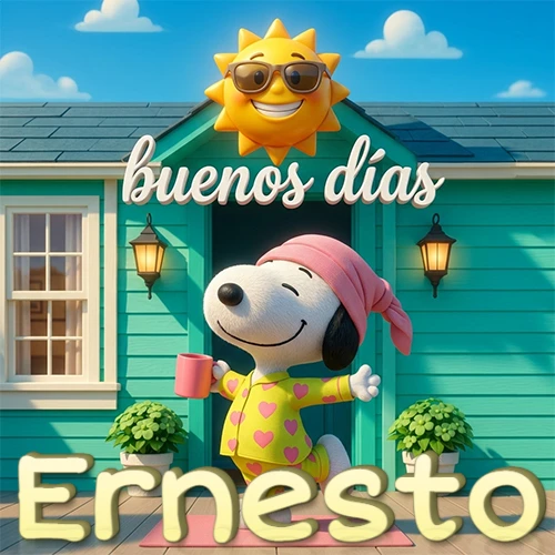 Escena de Snoopy en pijama con taza de café frente a casa turquesa, sol brillante con gafas, nombre abajo en tono crema. Nombre personalizado: Ernesto. Escena de Snoopy en pijama con taza de café frente a casa turquesa, sol brillante con gafas, nombre abajo en tono crema. Nombre personalizado: Ernesto.