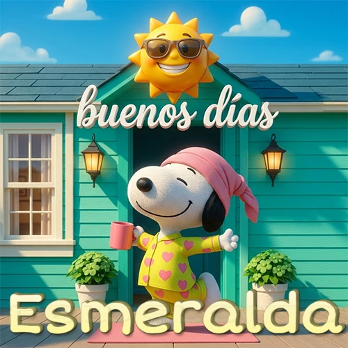 Escena de Snoopy en pijama con taza de café frente a casa turquesa, sol brillante con gafas, nombre abajo en tono crema. Nombre personalizado: Esmeralda. Escena de Snoopy en pijama con taza de café frente a casa turquesa, sol brillante con gafas, nombre abajo en tono crema. Nombre personalizado: Esmeralda.