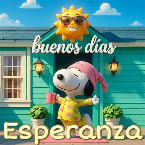 Escena de Snoopy en pijama con taza de café frente a casa turquesa, sol brillante con gafas, nombre abajo en tono crema. Nombre personalizado: Esperanza. Escena de Snoopy en pijama con taza de café frente a casa turquesa, sol brillante con gafas, nombre abajo en tono crema. Nombre personalizado: Esperanza.
