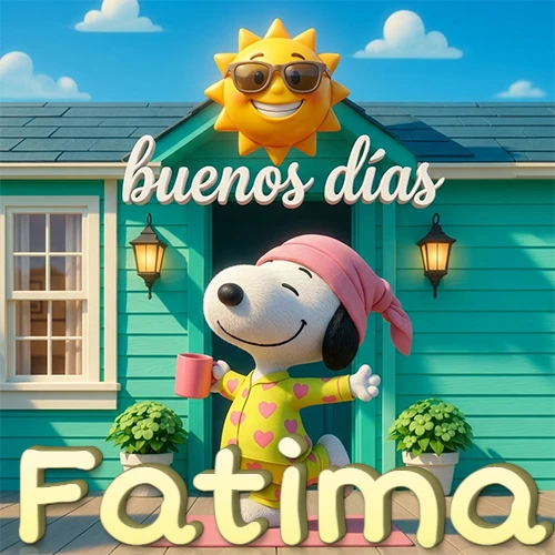 Escena de Snoopy en pijama con taza de café frente a casa turquesa, sol brillante con gafas, nombre abajo en tono crema. Nombre personalizado: Fatima.