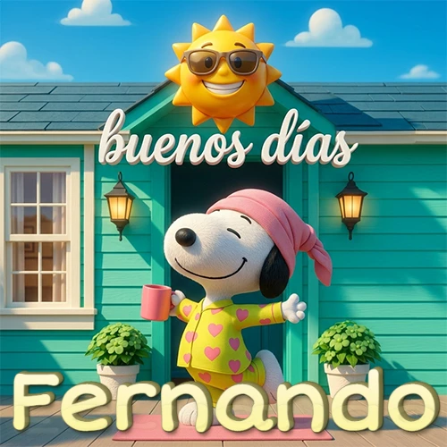 Escena de Snoopy en pijama con taza de café frente a casa turquesa, sol brillante con gafas, nombre abajo en tono crema. Nombre personalizado: Fernando.