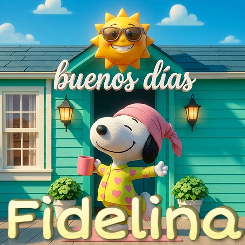Escena de Snoopy en pijama con taza de café frente a casa turquesa, sol brillante con gafas, nombre abajo en tono crema. Nombre personalizado: Fidelina.