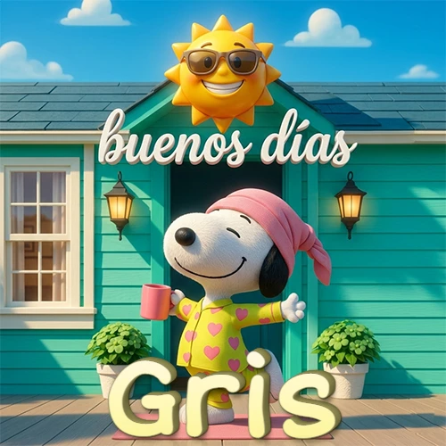 Escena de Snoopy en pijama con taza de café frente a casa turquesa, sol brillante con gafas, nombre abajo en tono crema. Nombre personalizado: Gris.