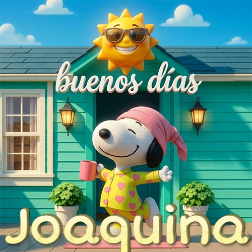 Escena de Snoopy en pijama con taza de café frente a casa turquesa, sol brillante con gafas, nombre abajo en tono crema. Nombre personalizado: Joaquina.