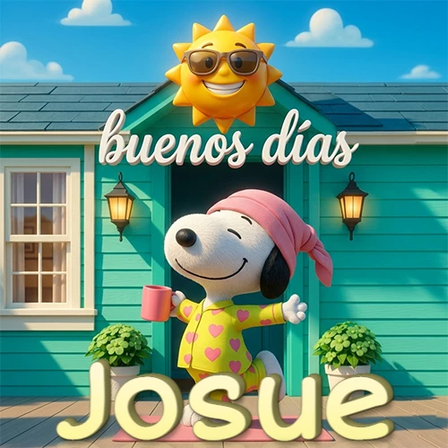 Escena de Snoopy en pijama con taza de café frente a casa turquesa, sol brillante con gafas, nombre abajo en tono crema. Nombre personalizado: Josue.