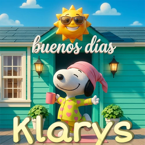 Escena de Snoopy en pijama con taza de café frente a casa turquesa, sol brillante con gafas, nombre abajo en tono crema. Nombre personalizado: Klarys.