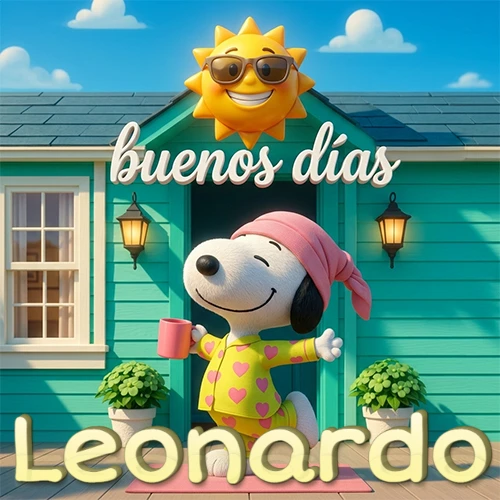 Escena de Snoopy en pijama con taza de café frente a casa turquesa, sol brillante con gafas, nombre abajo en tono crema. Nombre personalizado: Leonardo.