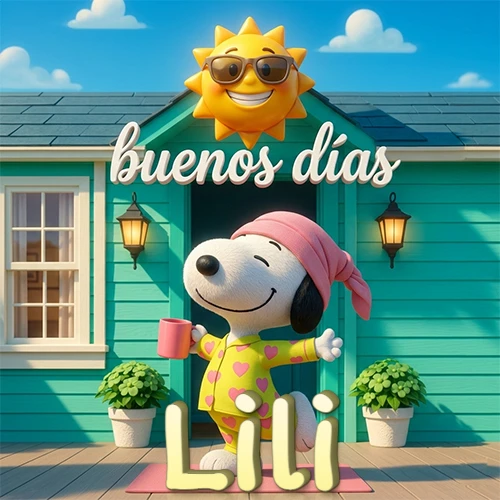 Escena de Snoopy en pijama con taza de café frente a casa turquesa, sol brillante con gafas, nombre abajo en tono crema. Nombre personalizado: Lili.
