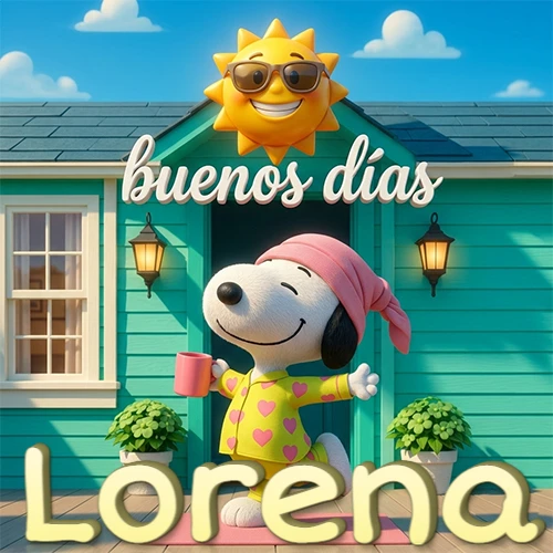 Escena de Snoopy en pijama con taza de café frente a casa turquesa, sol brillante con gafas, nombre abajo en tono crema. Nombre personalizado: Lorena.