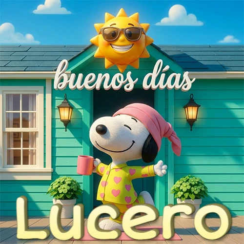 Escena de Snoopy en pijama con taza de café frente a casa turquesa, sol brillante con gafas, nombre abajo en tono crema. Nombre personalizado: Lucero.