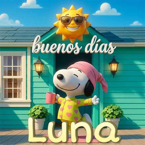 Escena de Snoopy en pijama con taza de café frente a casa turquesa, sol brillante con gafas, nombre abajo en tono crema. Nombre personalizado: Luna.