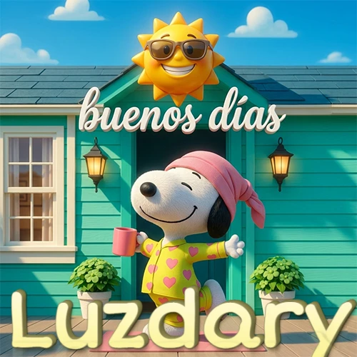 Escena de Snoopy en pijama con taza de café frente a casa turquesa, sol brillante con gafas, nombre abajo en tono crema. Nombre personalizado: Luzdary.