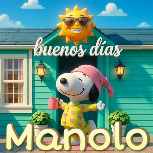 Escena de Snoopy en pijama con taza de café frente a casa turquesa, sol brillante con gafas, nombre abajo en tono crema. Nombre personalizado: Manolo.