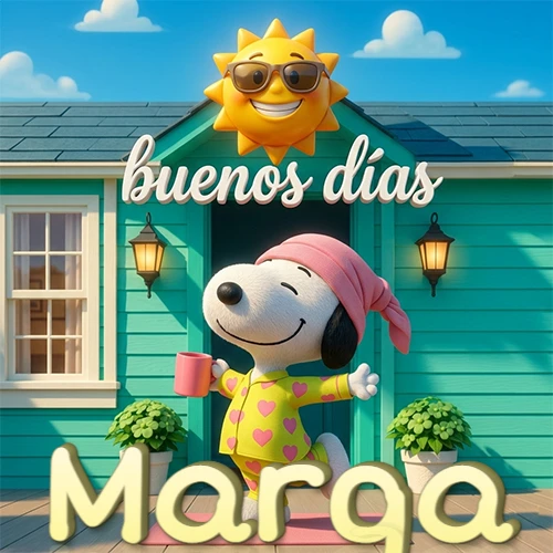 Escena de Snoopy en pijama con taza de café frente a casa turquesa, sol brillante con gafas, nombre abajo en tono crema. Nombre personalizado: Marga.