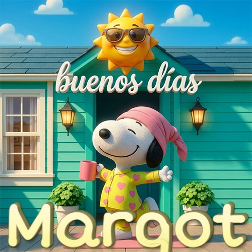 Escena de Snoopy en pijama con taza de café frente a casa turquesa, sol brillante con gafas, nombre abajo en tono crema. Nombre personalizado: Margot.