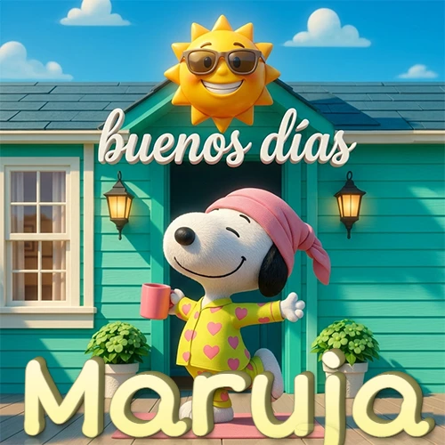 Escena de Snoopy en pijama con taza de café frente a casa turquesa, sol brillante con gafas, nombre abajo en tono crema. Nombre personalizado: Maruja.