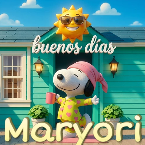 Escena de Snoopy en pijama con taza de café frente a casa turquesa, sol brillante con gafas, nombre abajo en tono crema. Nombre personalizado: Maryori.