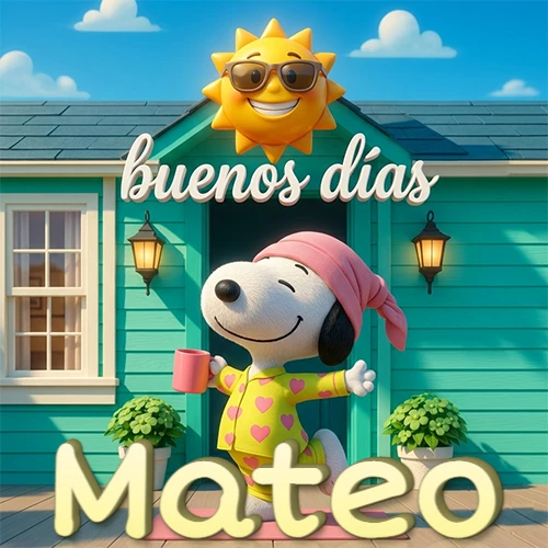 Escena de Snoopy en pijama con taza de café frente a casa turquesa, sol brillante con gafas, nombre abajo en tono crema. Nombre personalizado: Mateo.
