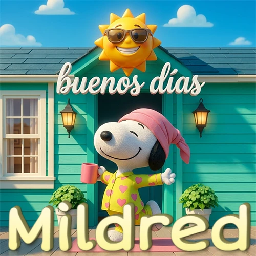 Escena de Snoopy en pijama con taza de café frente a casa turquesa, sol brillante con gafas, nombre abajo en tono crema. Nombre personalizado: Mildred.