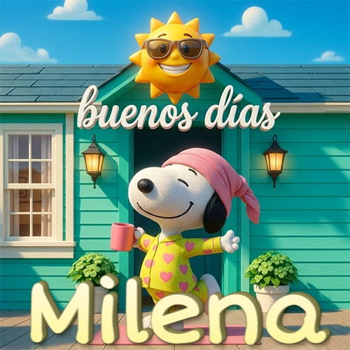 Escena de Snoopy en pijama con taza de café frente a casa turquesa, sol brillante con gafas, nombre abajo en tono crema. Nombre personalizado: Milena.