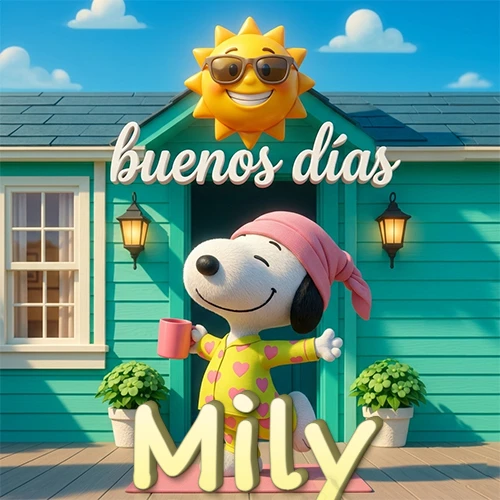 Escena de Snoopy en pijama con taza de café frente a casa turquesa, sol brillante con gafas, nombre abajo en tono crema. Nombre personalizado: Mily.