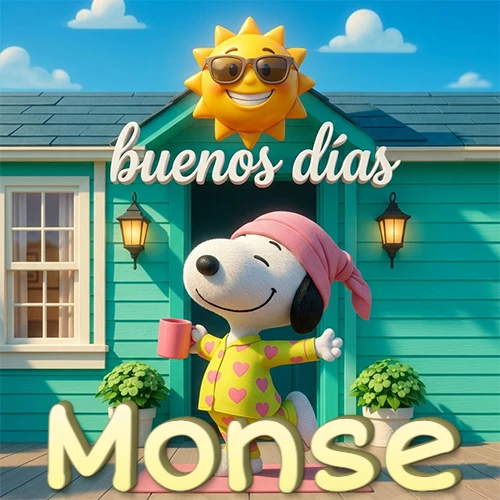 Escena de Snoopy en pijama con taza de café frente a casa turquesa, sol brillante con gafas, nombre abajo en tono crema. Nombre personalizado: Monse.