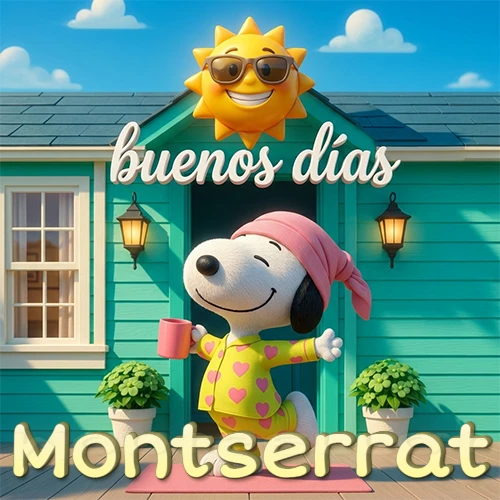 Escena de Snoopy en pijama con taza de café frente a casa turquesa, sol brillante con gafas, nombre abajo en tono crema. Nombre personalizado: Montserrat.