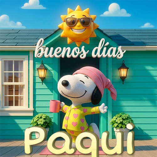 Escena de Snoopy en pijama con taza de café frente a casa turquesa, sol brillante con gafas, nombre abajo en tono crema. Nombre personalizado: Paqui.