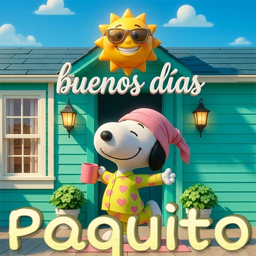 Escena de Snoopy en pijama con taza de café frente a casa turquesa, sol brillante con gafas, nombre abajo en tono crema. Nombre personalizado: Paquito.