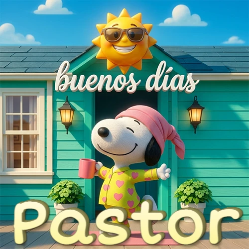 Escena de Snoopy en pijama con taza de café frente a casa turquesa, sol brillante con gafas, nombre abajo en tono crema. Nombre personalizado: Pastor.