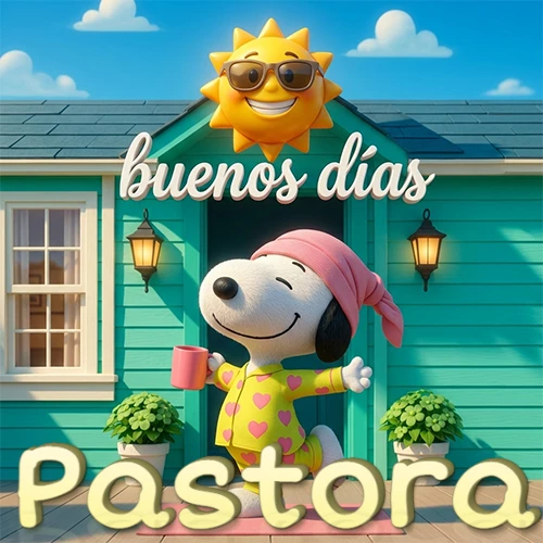 Escena de Snoopy en pijama con taza de café frente a casa turquesa, sol brillante con gafas, nombre abajo en tono crema. Nombre personalizado: Pastora.