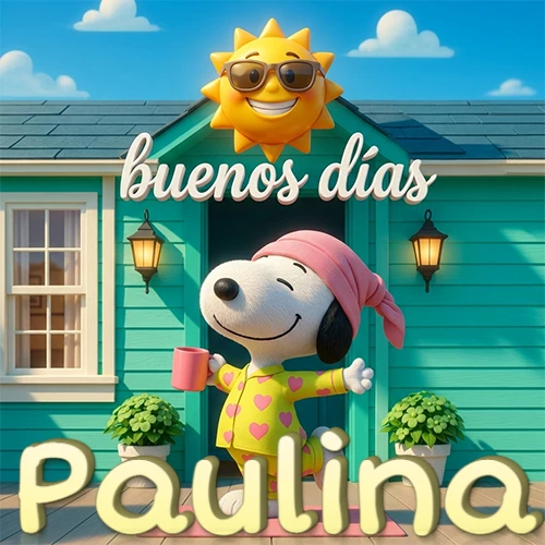 Escena de Snoopy en pijama con taza de café frente a casa turquesa, sol brillante con gafas, nombre abajo en tono crema. Nombre personalizado: Paulina.