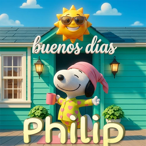 Escena de Snoopy en pijama con taza de café frente a casa turquesa, sol brillante con gafas, nombre abajo en tono crema. Nombre personalizado: Philip. Escena de Snoopy en pijama con taza de café frente a casa turquesa, sol brillante con gafas, nombre abajo en tono crema. Nombre personalizado: Philip.