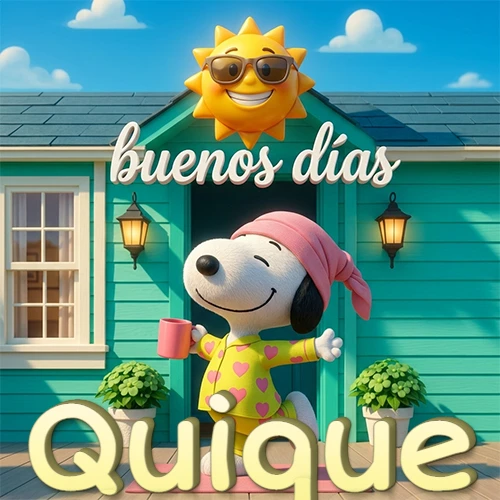 Escena de Snoopy en pijama con taza de café frente a casa turquesa, sol brillante con gafas, nombre abajo en tono crema. Nombre personalizado: Quique.