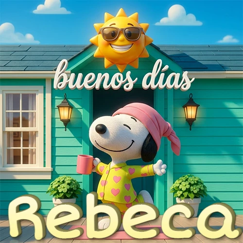 Escena de Snoopy en pijama con taza de café frente a casa turquesa, sol brillante con gafas, nombre abajo en tono crema. Nombre personalizado: Rebeca.