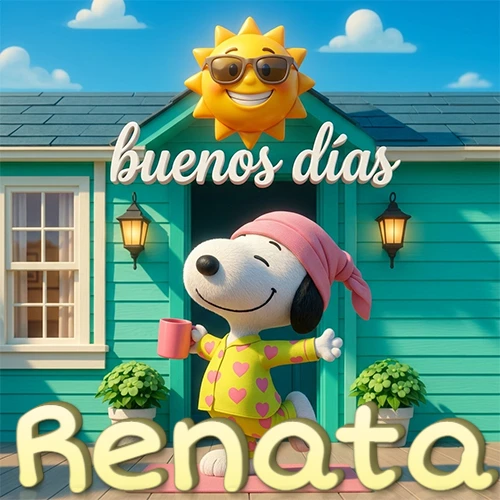 Escena de Snoopy en pijama con taza de café frente a casa turquesa, sol brillante con gafas, nombre abajo en tono crema. Nombre personalizado: Renata.
