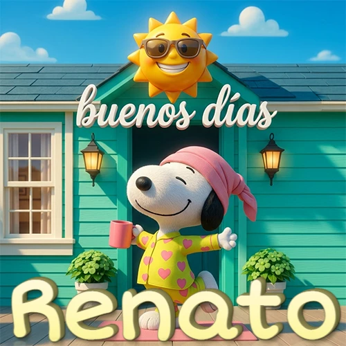 Escena de Snoopy en pijama con taza de café frente a casa turquesa, sol brillante con gafas, nombre abajo en tono crema. Nombre personalizado: Renato.